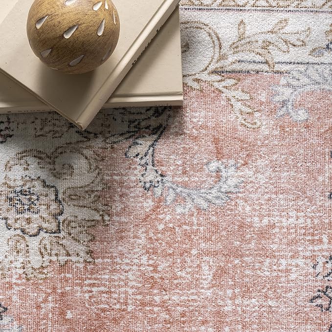 nuLOOM Ren Vintage Floral Machine Washable Ultra Thin Accent Rug, 2x3, Peach - LeafyLoom