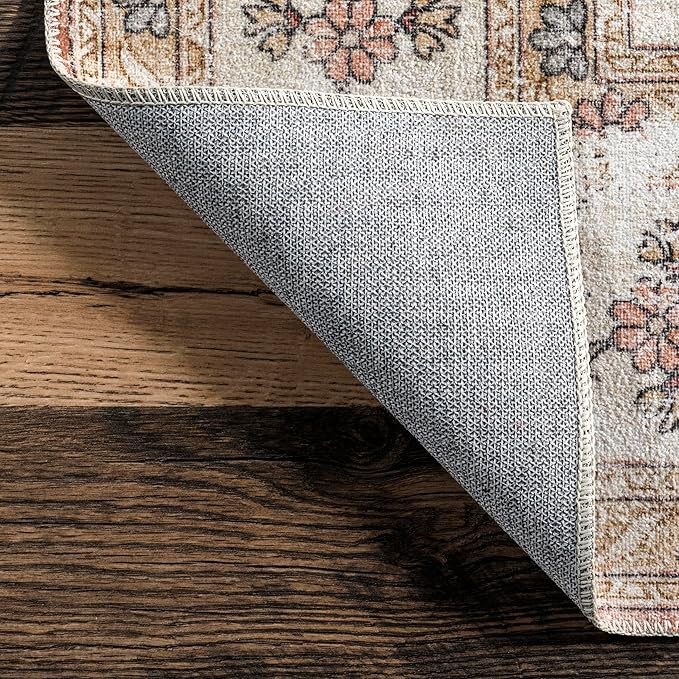 nuLOOM Ren Vintage Floral Machine Washable Ultra Thin Area Rug, 6x9, Peach - LeafyLoom