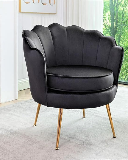Velvet Barrel Accent Chair with Scalloped Silhouette and Gold Metal Legs, Decorative Piece Suitable for Traditional, Modern, and Contemporary Spaces, Black - LeafyLoom