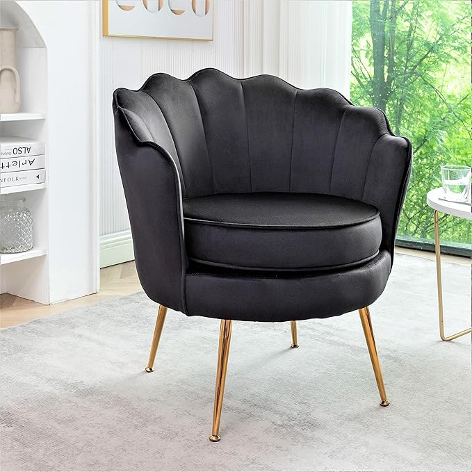 Velvet Barrel Accent Chair with Scalloped Silhouette and Gold Metal Legs, Decorative Piece Suitable for Traditional, Modern, and Contemporary Spaces, Black - LeafyLoom