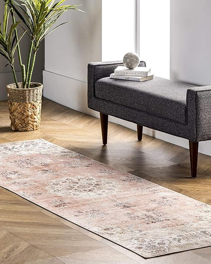 NuLOOM Ren Vintage Floral Machine Washable Ultra Thin Runner Rug, 2' 6" x 6', Peach - LeafyLoom