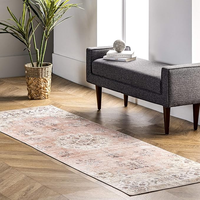 NuLOOM Ren Vintage Floral Machine Washable Ultra Thin Runner Rug, 2' 6" x 6', Peach - LeafyLoom