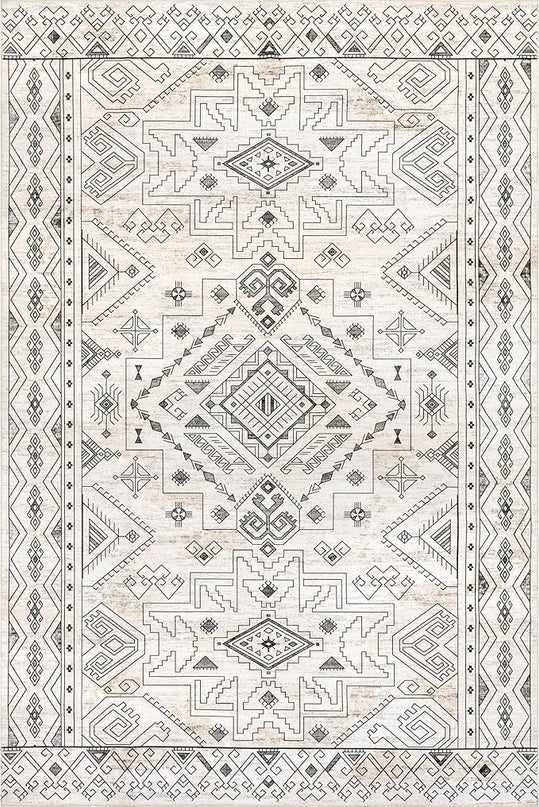 nuLOOM Malena Tribal Bordered Machine Washable Ultra Thin Area Rug, 6' x 9', Light Grey - LeafyLoom