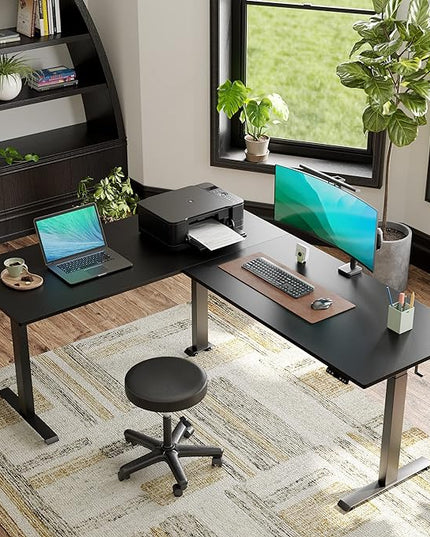 FEZIBO 75 Inches, Supports over 300mlbs, L Shaped Standing Desk Reversible, Electric Height Adjustable Corner Stand up Desk, Sit Stand Desk Computer Workstation, Black Frame/Black Top - LeafyLoom