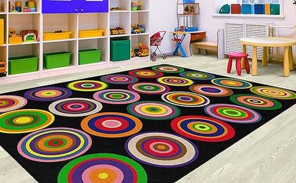 Flagship Carpets Color Rings Colorful Children's Area Rug for Kids Room Circle Seating Décor, Play Carpet for Teaching and Playing, Seats 24, 7'6" x 12', Black - LeafyLoom