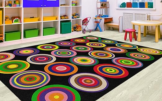 Flagship Carpets Color Rings Colorful Children's Area Rug for Kids Room Circle Seating Décor, Play Carpet for Teaching and Playing, Seats 24, 7'6" x 12', Black - LeafyLoom