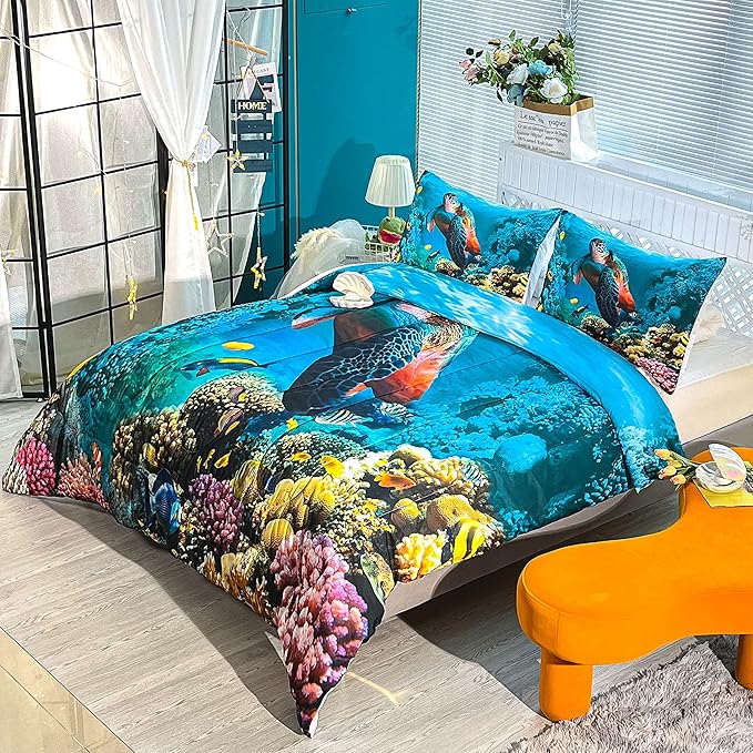 CVHOUSE Sea Turtle Bedding Set,Sea Turtle Comforter Queen,Ocean Beach Comforter Set for Boys Kids Girls,Ocean Quilt Set with 1 Comforter and 2 Pillow Cases - LeafyLoom