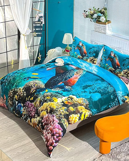 CVHOUSE Sea Turtle Bedding Set,Sea Turtle Comforter Full,Ocean Beach Comforter Set for Boys Kids Girls,Ocean Quilt Set with 1 Comforter and 2 Pillow Cases - LeafyLoom