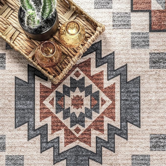 nuLOOM Leighton Machine Washable Southwestern Medallion Ultra Thin Area Rug, 6x9, Beige - LeafyLoom