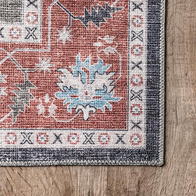 nuLOOM Jay Persian Medallion Machine Washable Ultra Thin Area Rug, 5' x 8', Red - LeafyLoom