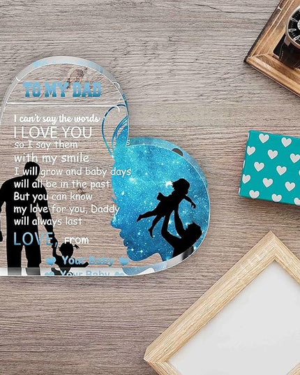 Birthday Gifts for Dad Father, Blue Heart Shaped Acrylic Desk Decor for Home Office Gifts for Dad from Daughter - LeafyLoom