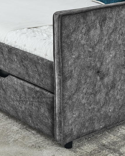 Queen Size Upholstered Tufted Daybed with Two Pull Out Drawers Bed, Button Polyester on Back, Waved Shape Arms for Bedroom, Living Room,No Need Boxing Spring - LeafyLoom