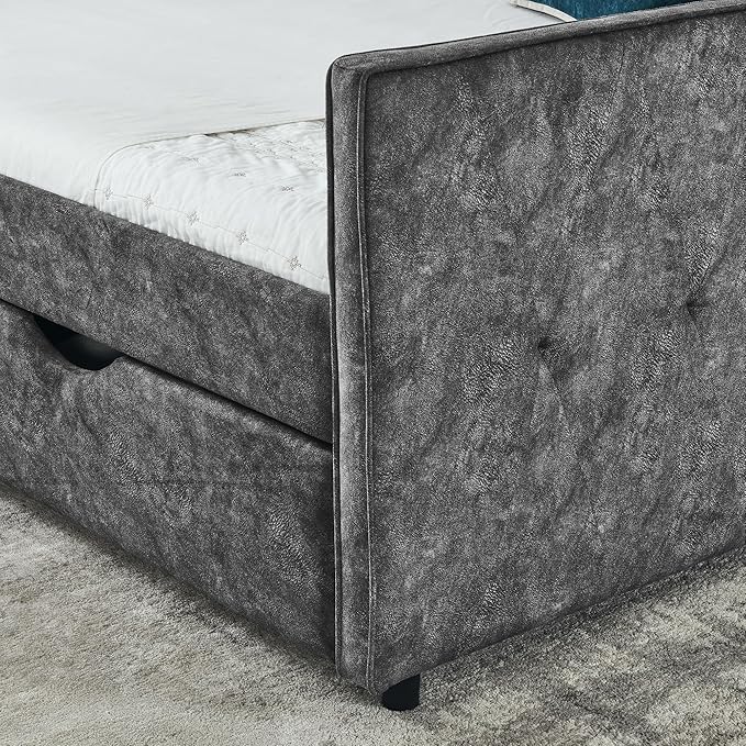 Queen Size Upholstered Tufted Daybed with Two Pull Out Drawers Bed, Button Polyester on Back, Waved Shape Arms for Bedroom, Living Room,No Need Boxing Spring - LeafyLoom