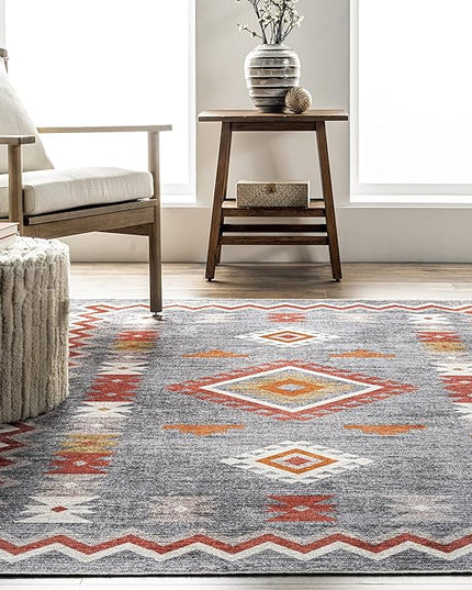 nuLOOM Jayde Machine Washable Southwestern Diamond Ultra Thin Area Rug, 4' x 6', Grey - LeafyLoom