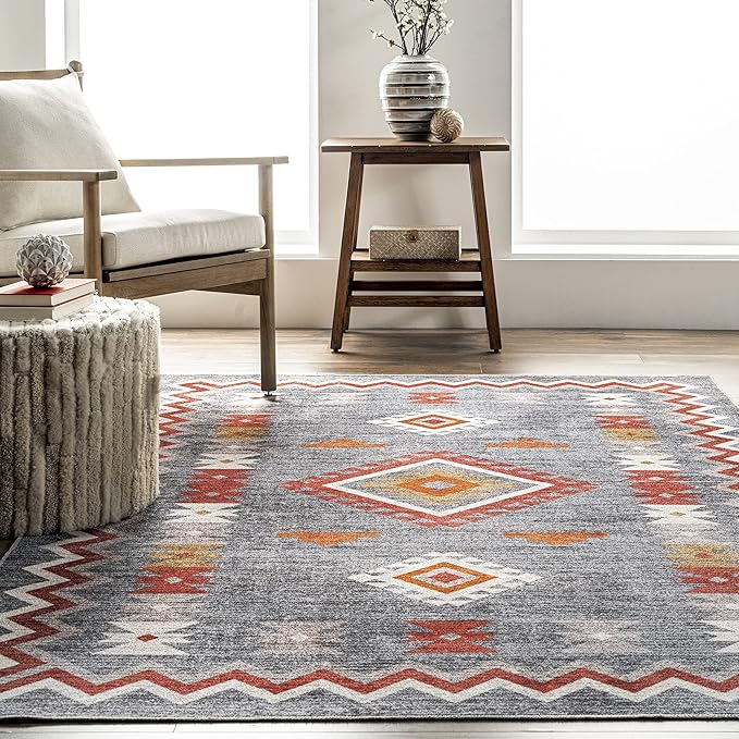 nuLOOM Jayde Machine Washable Southwestern Diamond Ultra Thin Area Rug, 4' x 6', Grey - LeafyLoom