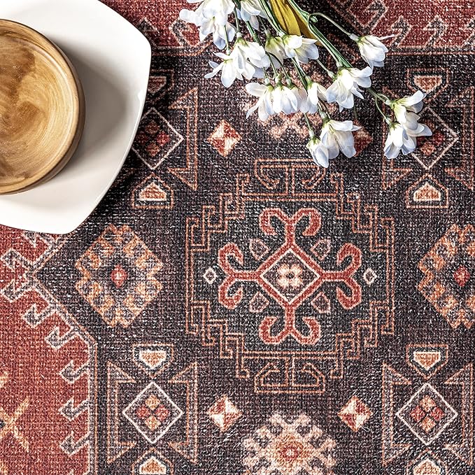 nuLOOM Kathryn Machine Washable Traditional Rustic Ultra Thin Area Rug, 8' x 10', Red - LeafyLoom