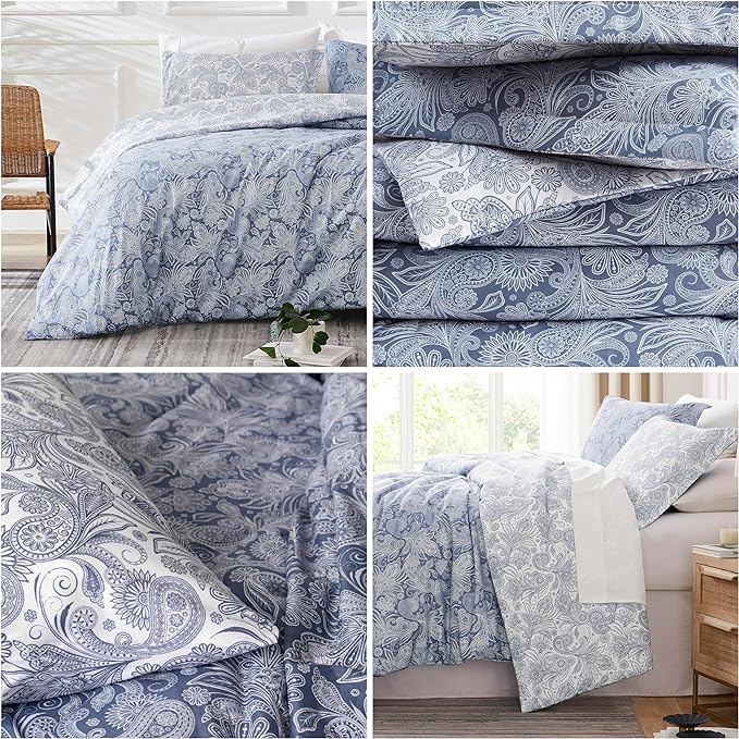Southshore Fine Living, Inc. Oversized Twin Comforter Bedding Set, Down Alternative Paisley Bedspread, Reversible Print is 2 Colors in 1, Twin/Twin XL Comforter & Matching Sham, Blue/White - LeafyLoom
