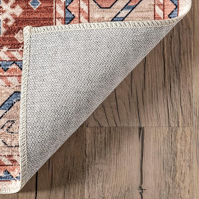nuLOOM Órla Tribal Bordered Machine Washable Ultra Thin Area Rug, 4' x 6', Rust - LeafyLoom