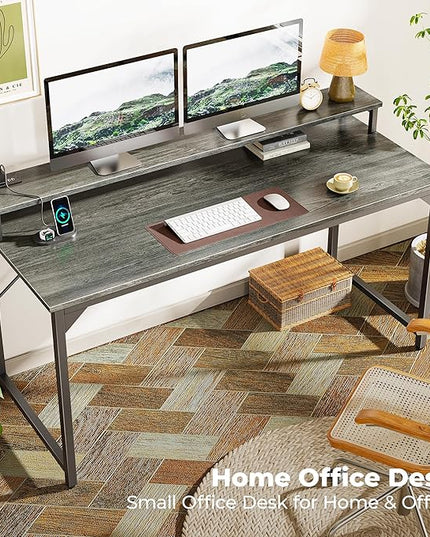 SUPERJARE 55 inch Computer Desk with LED Lights & Power Outlets, Gaming Desk with Monitor Shelf, Small Office Desk for Home & Office, Grey - LeafyLoom