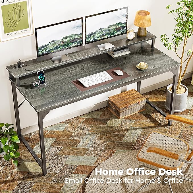 SUPERJARE 55 inch Computer Desk with LED Lights & Power Outlets, Gaming Desk with Monitor Shelf, Small Office Desk for Home & Office, Grey - LeafyLoom