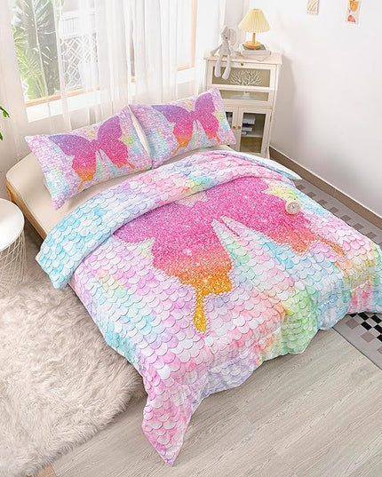 CVHOUSE Butterfly Bedding Set,Butterfly Comforter King,Butterfly Comforter Set for Girls Kids Teens,Butterflies Quilt Set with 1 Comforter and 2 Pillow Cases- 3 Piece - LeafyLoom