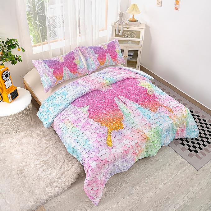 CVHOUSE Butterfly Bedding Set,Butterfly Comforter King,Butterfly Comforter Set for Girls Kids Teens,Butterflies Quilt Set with 1 Comforter and 2 Pillow Cases- 3 Piece - LeafyLoom