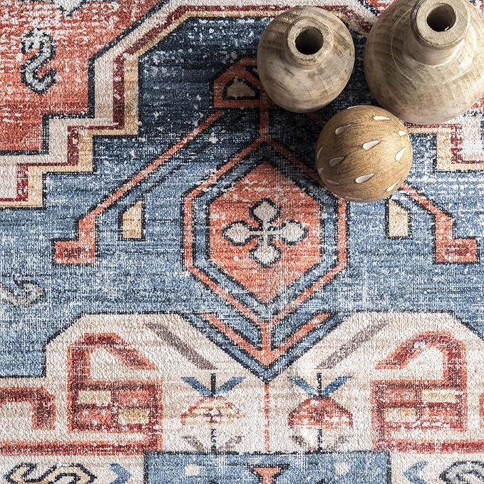 nuLOOM Marli Machine Washable Faded Medallion Ultra Thin Runner Rug, 2' 6" x 8', Rust - LeafyLoom