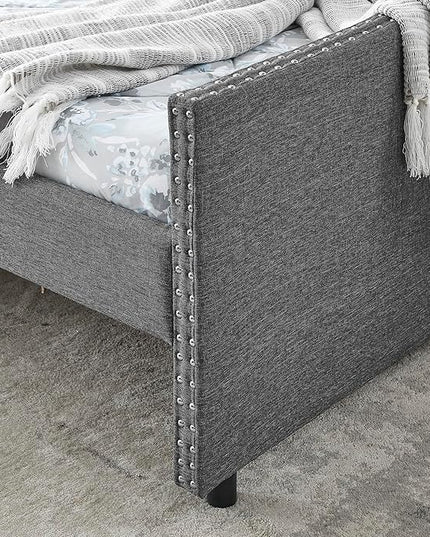 RITSU Queen Size Mid-Century Daybed, 2 Storage Drawers,Linen Button Upholstered Tufted Sofa Bed, Copper Nail on Waved Shape Arms, No Box Spring Needed,for Bedroom, Livingroom, Dark Grey, 84.50 - LeafyLoom