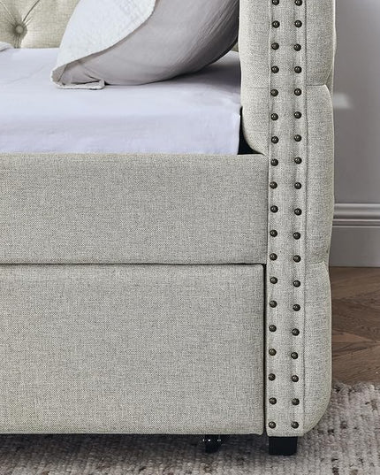 Full Size Upholstered Daybed, Pull Out with Two Storage Drawers, Solid Wood Frame Bed, Tufted Buttons and Copper Nails On Square Arms, for Bedrooms,Apartments - LeafyLoom
