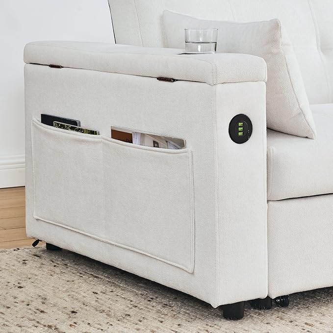 4 in 1 Multifunctional Convertible Loveseat Sleeper Sofa Bed,Soft Chenille Tufted Love Seats Sofabed W/Pull Out Sleep Couch,Armrests Storage,Cupholders,USB Ports,Pillows and Side Pockets - LeafyLoom