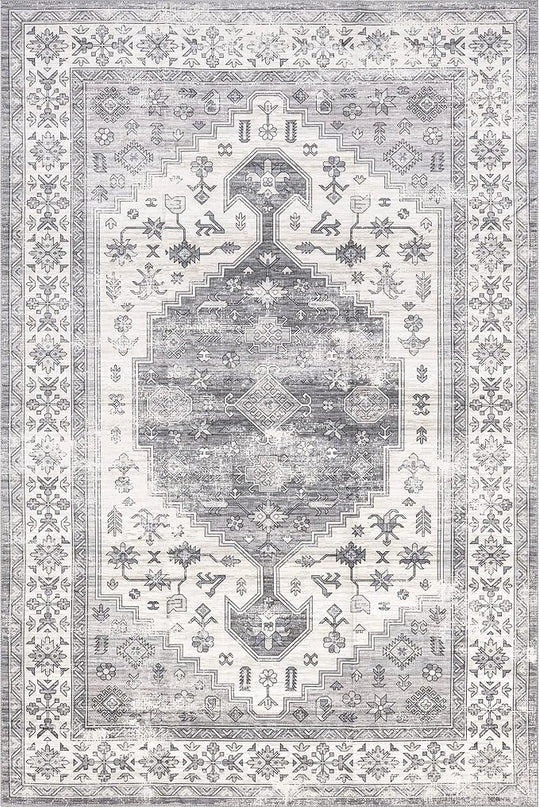 nuLOOM Medallion Bordered Machine Washable Ultra Thin Accent Rug, 3' x 5', Beige - LeafyLoom