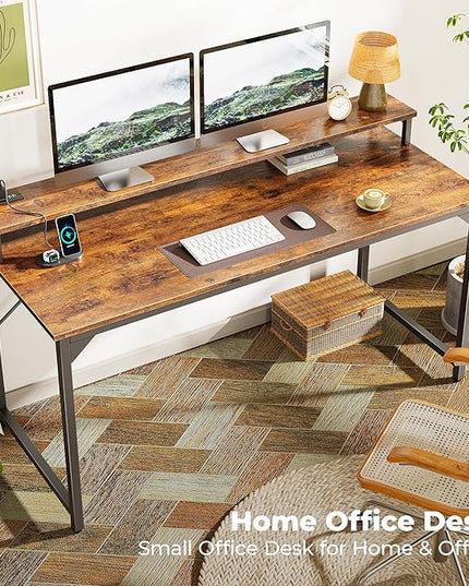 SUPERJARE 55 inch Computer Desk with LED Lights & Power Outlets, Gaming Desk with Monitor Shelf, Small Office Desk for Home & Office, Rustic Brown - LeafyLoom