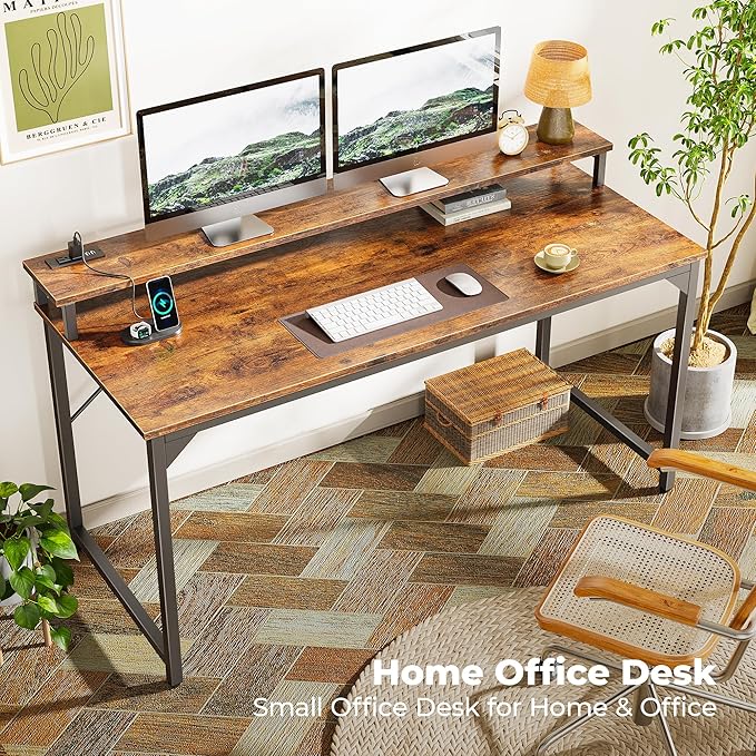 SUPERJARE 55 inch Computer Desk with LED Lights & Power Outlets, Gaming Desk with Monitor Shelf, Small Office Desk for Home & Office, Rustic Brown - LeafyLoom