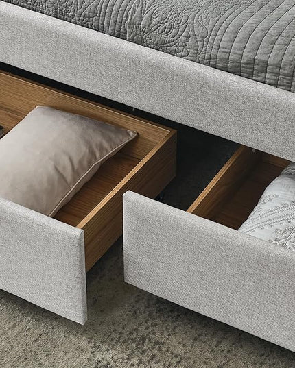 Queen Size Upholstered Tufted Daybed with Two Pull Out Drawers Bed, Button Polyester on Back, Waved Shape Arms for Bedroom, Living Room,No Need Boxing Spring - LeafyLoom