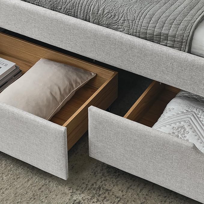 Queen Size Upholstered Tufted Daybed with Two Pull Out Drawers Bed, Button Polyester on Back, Waved Shape Arms for Bedroom, Living Room,No Need Boxing Spring - LeafyLoom