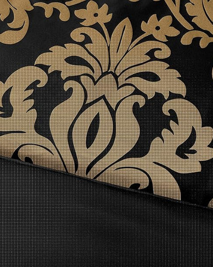 Chezmoi Collection Royale 7-Piece Jacquard Floral Comforter Set, Queen, Black/Gold - LeafyLoom