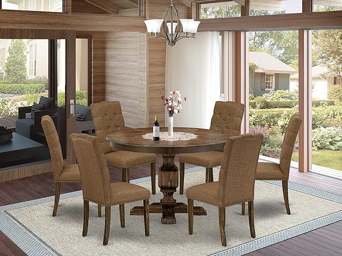 East West Furniture F3EL7-718 Ferris 7 Piece Kitchen Set Consist of a Round Table with Pedestal and 6 Brown Linen Fabric Parsons Dining Chairs, 48x48 Inch - LeafyLoom