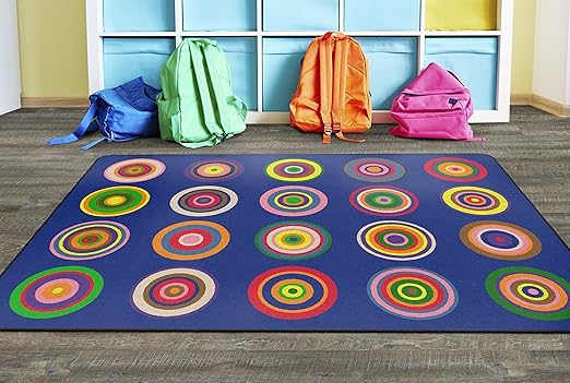Flagship Carpets Color Rings Colorful Children's Area Rug for Kids Room Circle Seating Décor, Play Carpet for Teaching and Playing, Seats 20, 5'10" x 8'4", Indigo Blue - LeafyLoom