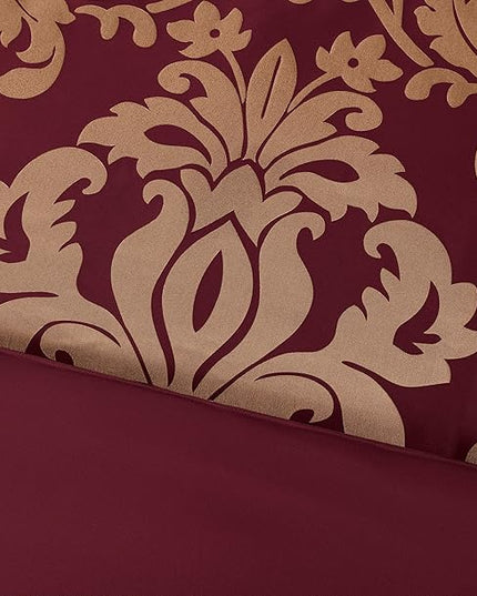 Chezmoi Collection Royale 7-Piece Jacquard Floral Comforter Set, Oversized King, Maroon/Gold - LeafyLoom