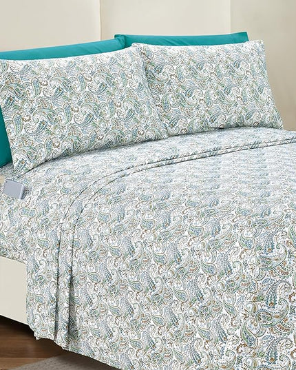 Elegant Comfort Softest and Coziest 6-Piece Sheet Set - 1500 Premium Hotel Quality Microfiber - Deep Pocket, Wrinkle Resistant 6-Piece Paisley Pattern Bed Sheet Set, Queen, Paisley Teal - LeafyLoom