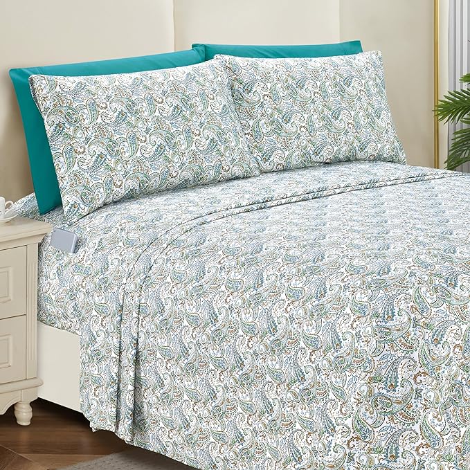 Elegant Comfort Softest and Coziest 6-Piece Sheet Set - 1500 Premium Hotel Quality Microfiber - Deep Pocket, Wrinkle Resistant 6-Piece Paisley Pattern Bed Sheet Set, Queen, Paisley Teal - LeafyLoom