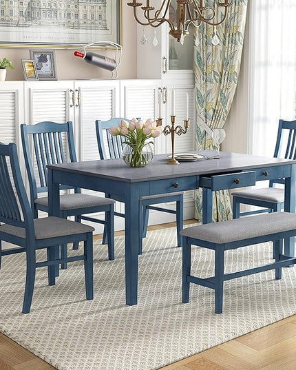 Mid-Century 6-Piece Wood Dining Table Set with Storage Drawer, Upholstered Chairs and Bench, Walnut Tabletop Kitchen Furniture for Living Room, Small Apartments, Antique Blue - LeafyLoom