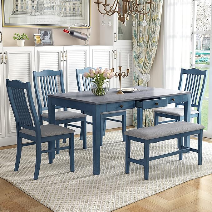 Mid-Century 6-Piece Wood Dining Table Set with Storage Drawer, Upholstered Chairs and Bench, Walnut Tabletop Kitchen Furniture for Living Room, Small Apartments, Antique Blue - LeafyLoom