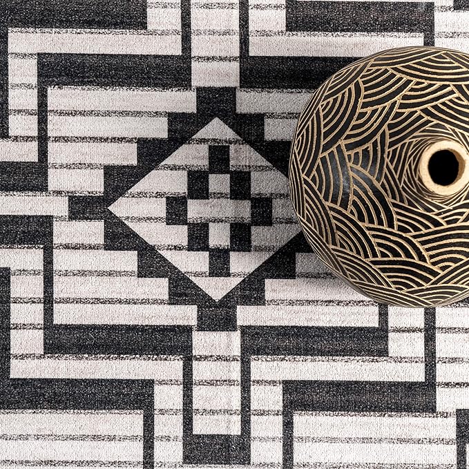 nuLOOM Tashia Modern Geometric Machine Washable Ultra Thin Area Rug, 5' x 8', Charcoal - LeafyLoom