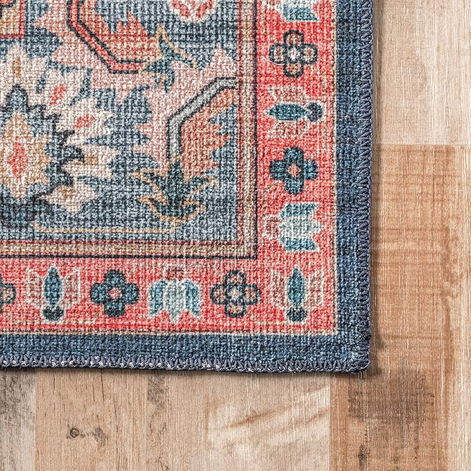 nuLOOM Francis Persian Medallion Machine Washable Ultra Thin Area Rug, 3' x 5', Blue - LeafyLoom