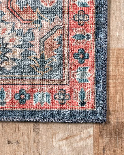 nuLOOM Francis Persian Medallion Machine Washable Ultra Thin Area Rug, 4' x 6', Blue - LeafyLoom