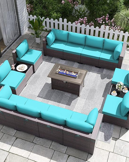 Patio Furniture Set with Fire Pit Table 15 PCS Outdoor Sectional Furniture Outdoor Rattan Patio Conversation Sets with 43in 55,000 BTU Propane Gas Fire Pit Table Glass Table, Blue - LeafyLoom