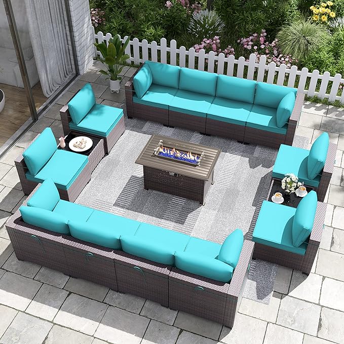 Patio Furniture Set with Fire Pit Table 15 PCS Outdoor Sectional Furniture Outdoor Rattan Patio Conversation Sets with 43in 55,000 BTU Propane Gas Fire Pit Table Glass Table, Blue - LeafyLoom