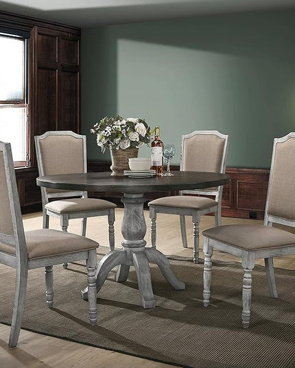 Roundhill Furniture Iris Turned Leg Wood Dining Chair, Set of 2, Weathered White - LeafyLoom