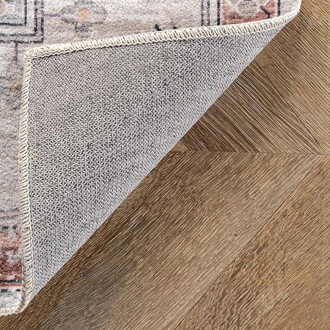 nuLOOM 5x8 Machine Washable Rain Haven Vintage Medallion Area Rug, Beige, Traditional Faded Design, Non-Slip Backing, Stain Resistant, For Bedroom, Dining Room, Living Room, Kitchen - LeafyLoom